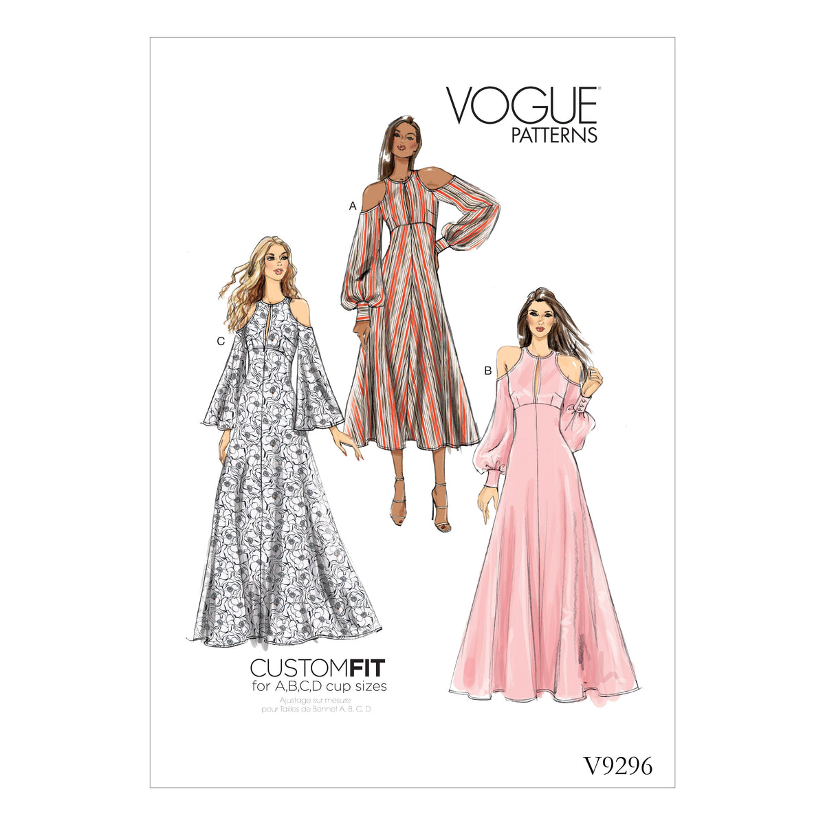 Vogue Patterns V9296 sewing pattern envelope showing the cold shoulder dress designs