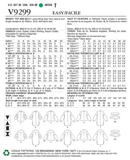Vogue Patterns V9299 sewing pattern envelope showing the loose-fitting top designs