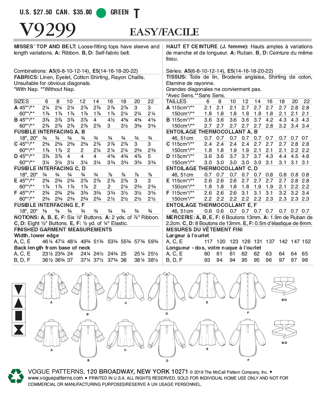 Vogue Patterns V9299 sewing pattern envelope showing the loose-fitting top designs