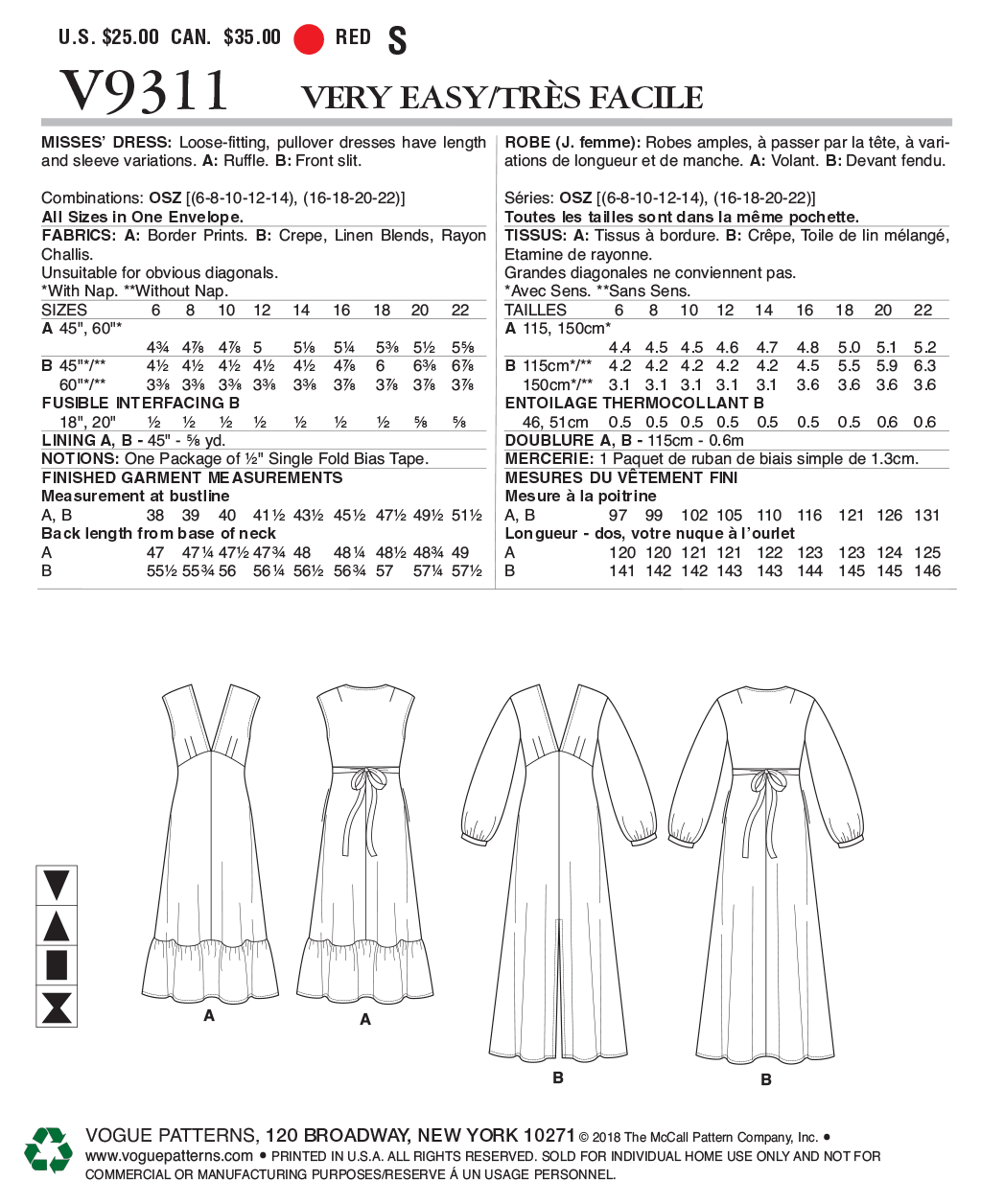 Vogue Patterns V9311 sewing pattern envelope showing the pull-over dress designs