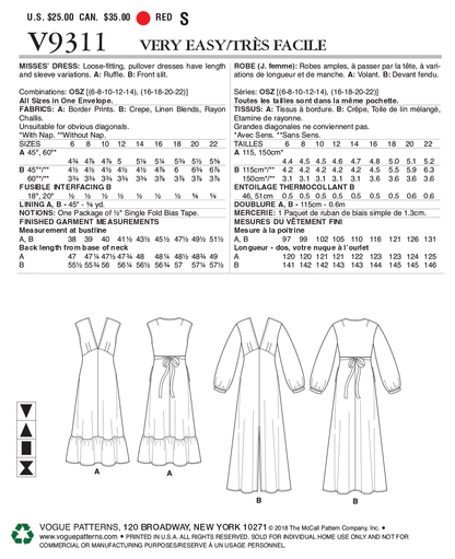 Vogue Patterns V9311 sewing pattern envelope showing the pull-over dress designs