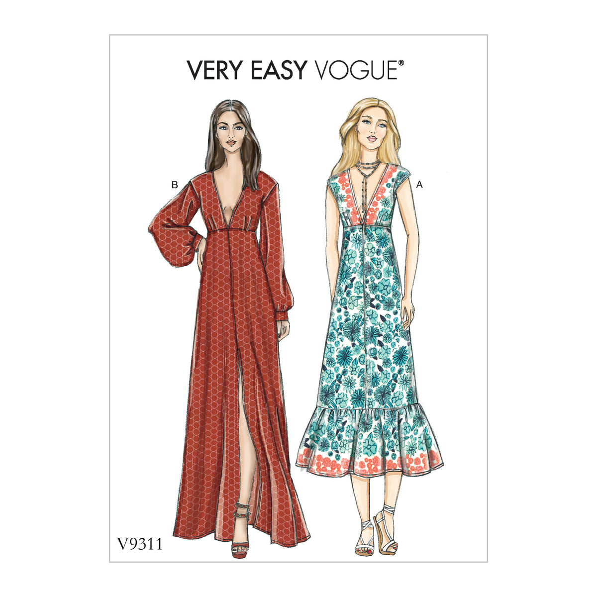 Vogue Patterns V9311 sewing pattern envelope showing the pull-over dress designs