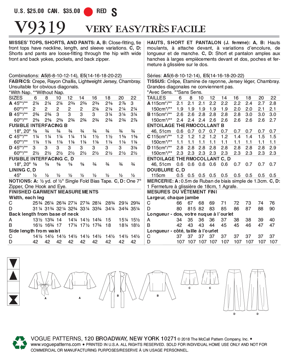 Vogue Patterns V9319 sewing pattern envelope showing the tie front top designs
