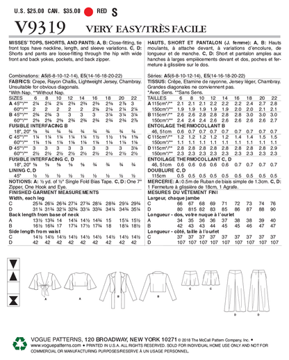 Vogue Patterns V9319 sewing pattern envelope showing the tie front top designs