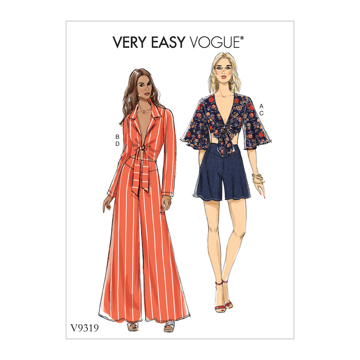 Vogue Patterns V9319 sewing pattern envelope showing the tie front top designs