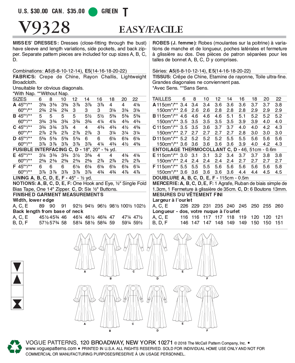 Vogue Patterns V9328 sewing pattern envelope showing the dress designs