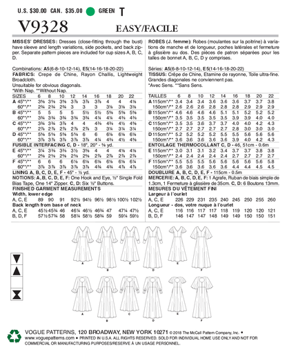 Vogue Patterns V9328 sewing pattern envelope showing the dress designs
