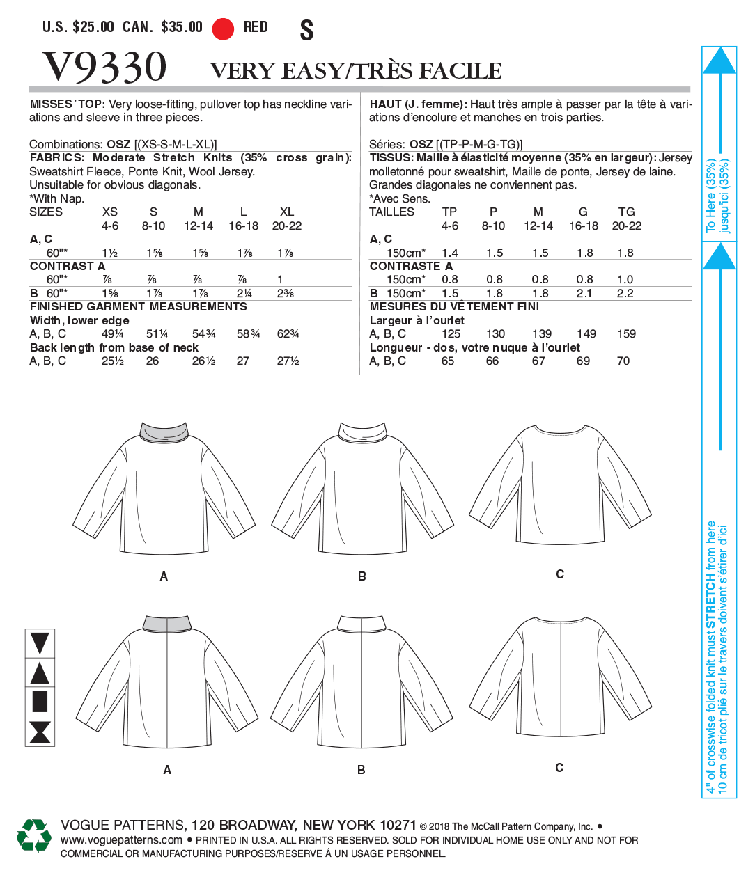 Vogue Patterns V9330 sewing pattern envelope showing the pullover top designs