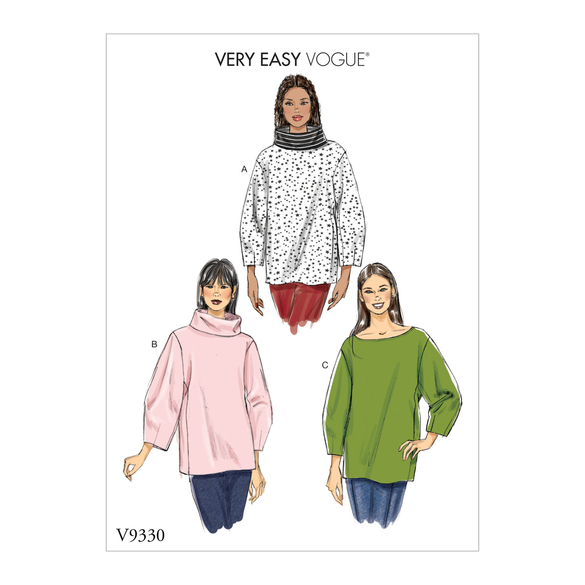 Vogue Patterns V9330 sewing pattern envelope showing the pullover top designs