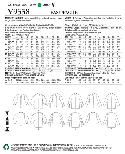 Vogue Patterns V9338 sewing pattern envelope showing the unlined jacket designs