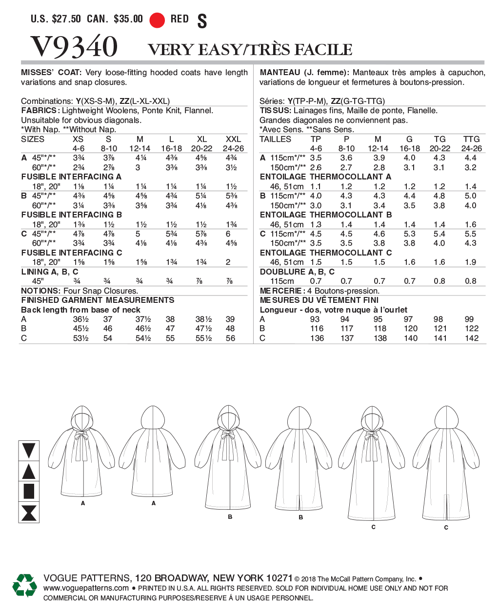 Vogue Patterns V9340 envelope showing hooded coat designs