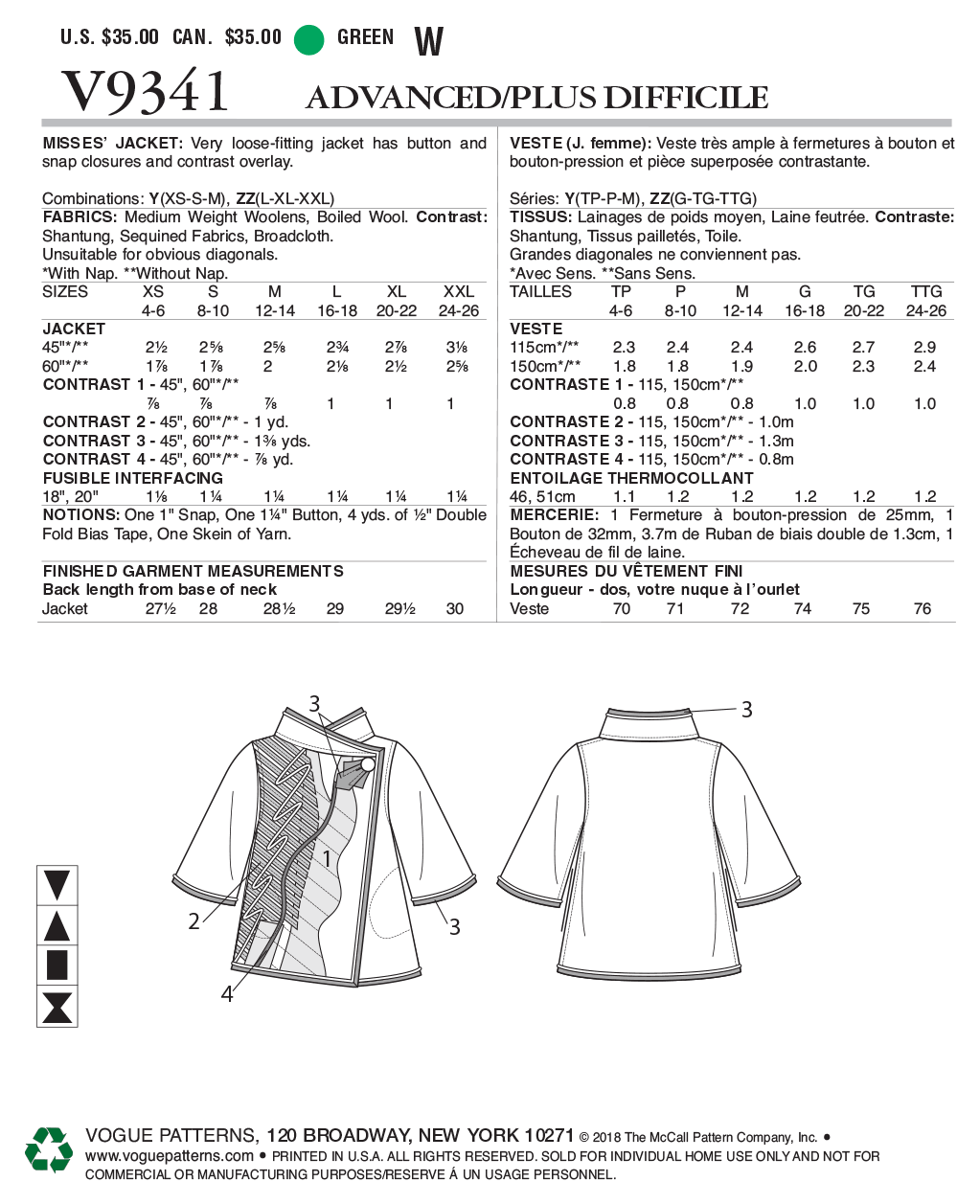 Vogue Patterns V9341 envelope showing jacket designs