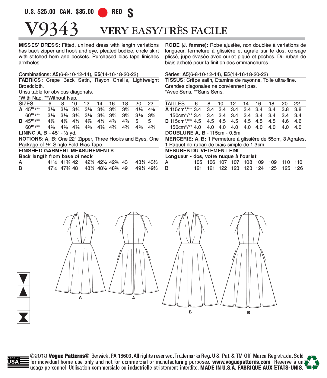 Vogue Patterns V9343 envelope showing circle skirt dress designs