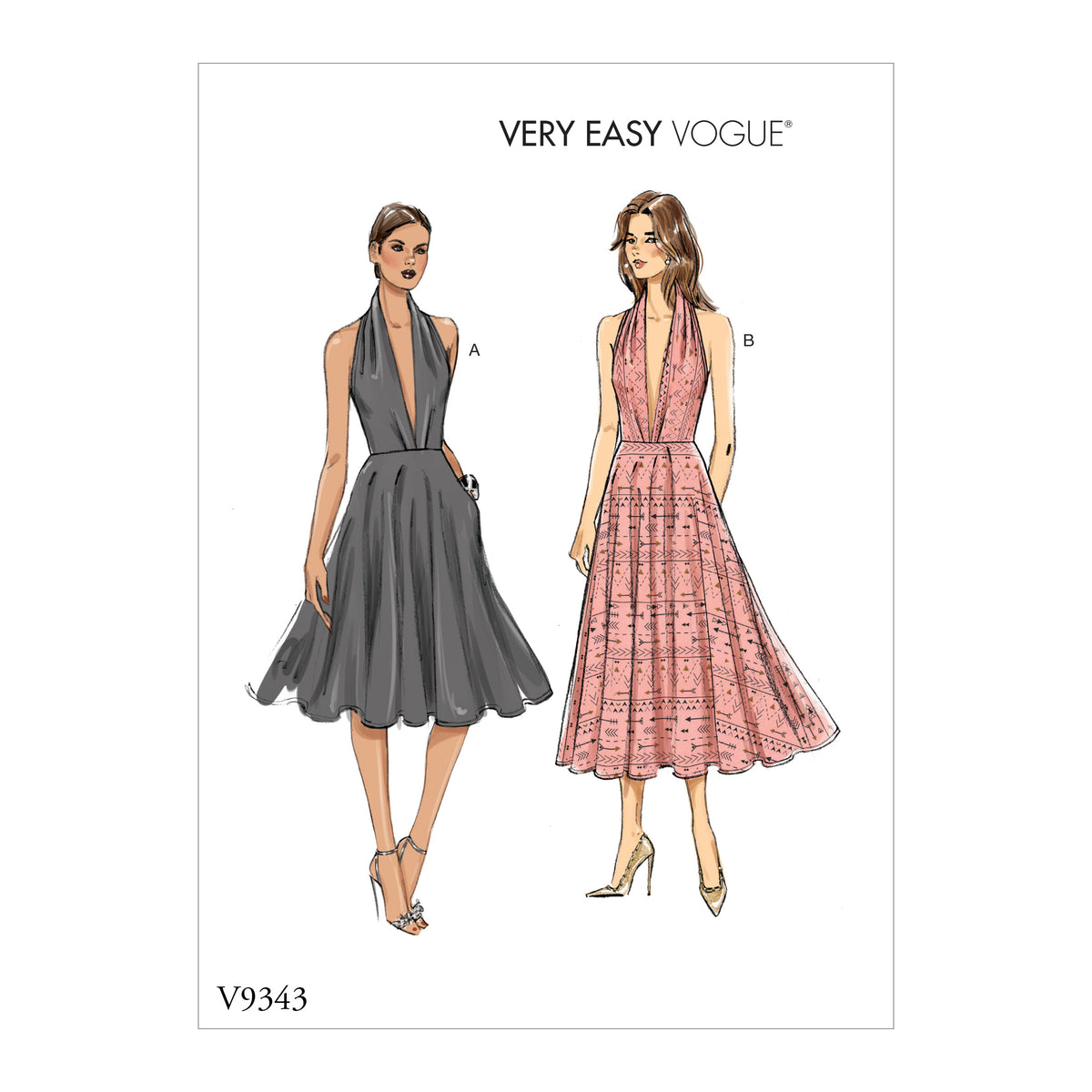 Vogue Patterns V9343 envelope showing circle skirt dress designs
