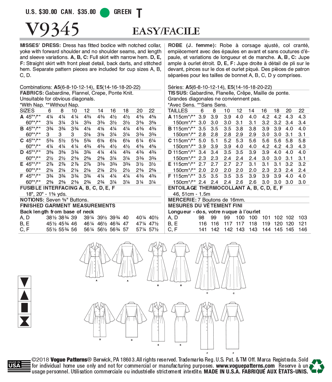 Vogue Patterns V9345 envelope showing dress designs