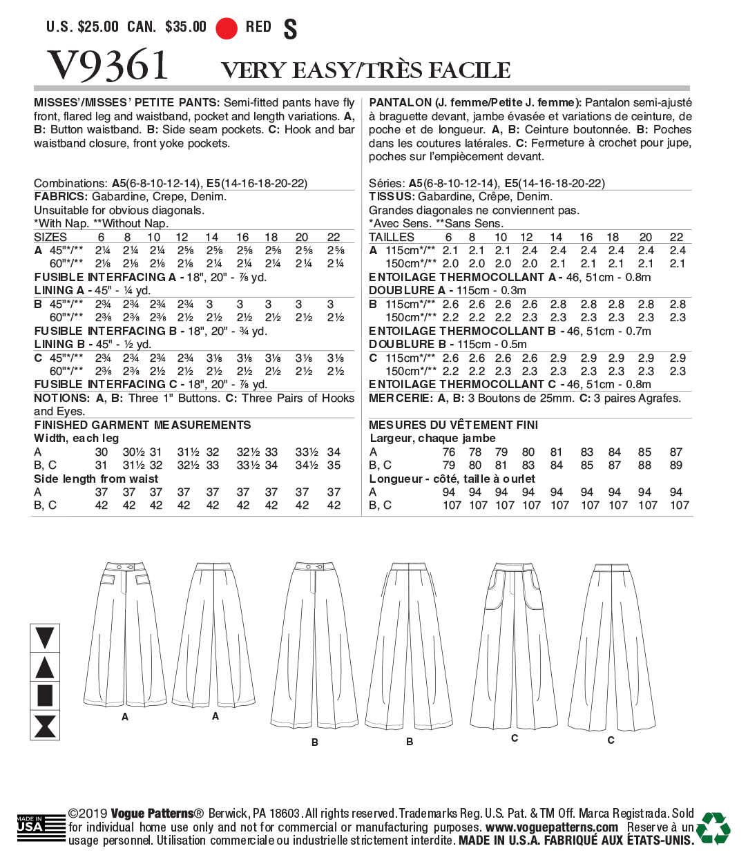 Vogue Patterns V9361 envelope showing flared trousers designs