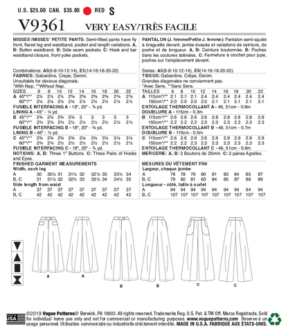 Vogue Patterns V9361 envelope showing flared trousers designs