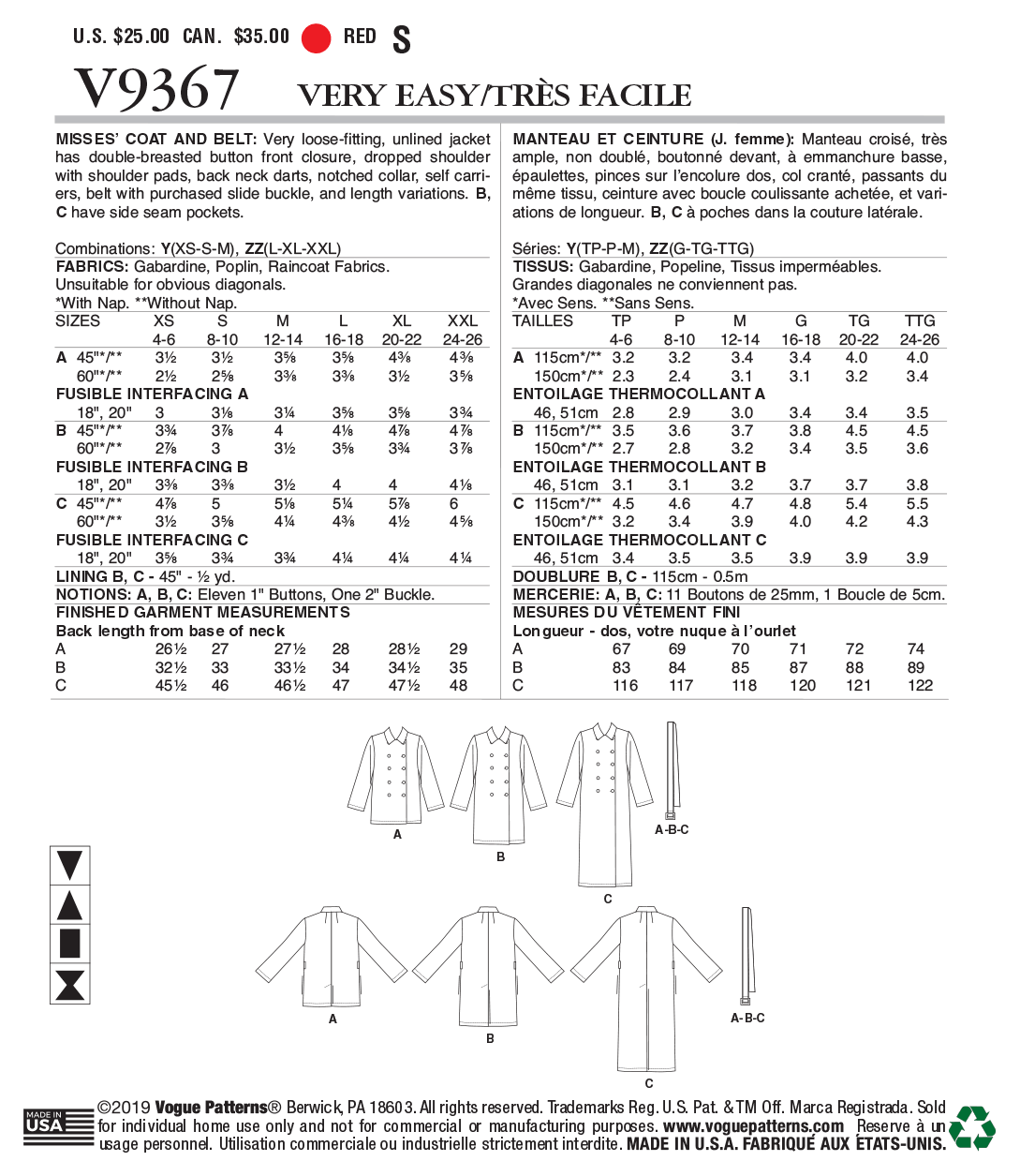 Vogue Patterns V9367 envelope showing double-breasted jacket designs