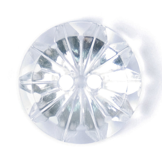 Clear faceted 2-hole button with star-cut pattern