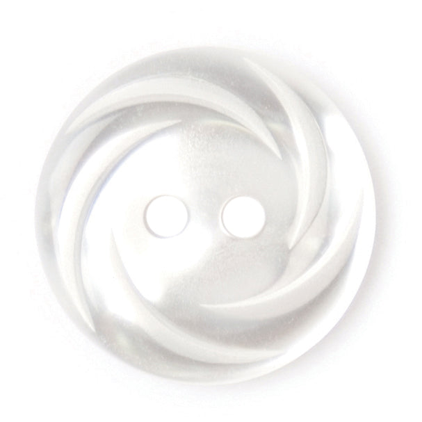Clear two-hole button with a swirl pattern