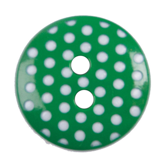 Green two-hole button with white polka dots