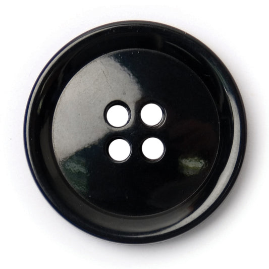 Glossy black four-hole button with a wide rim