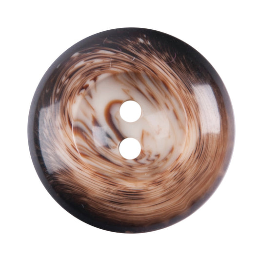 Domed two-hole button with brown and cream swirls