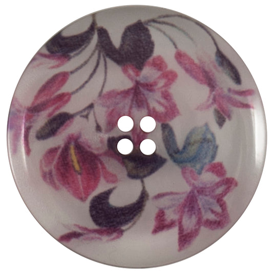 Large white four-hole button printed with pink and purple flowers
