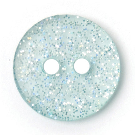 Pale aqua round button with silver glitter set into a clear finish