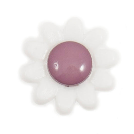 White daisy-shaped button with a glossy lilac centre