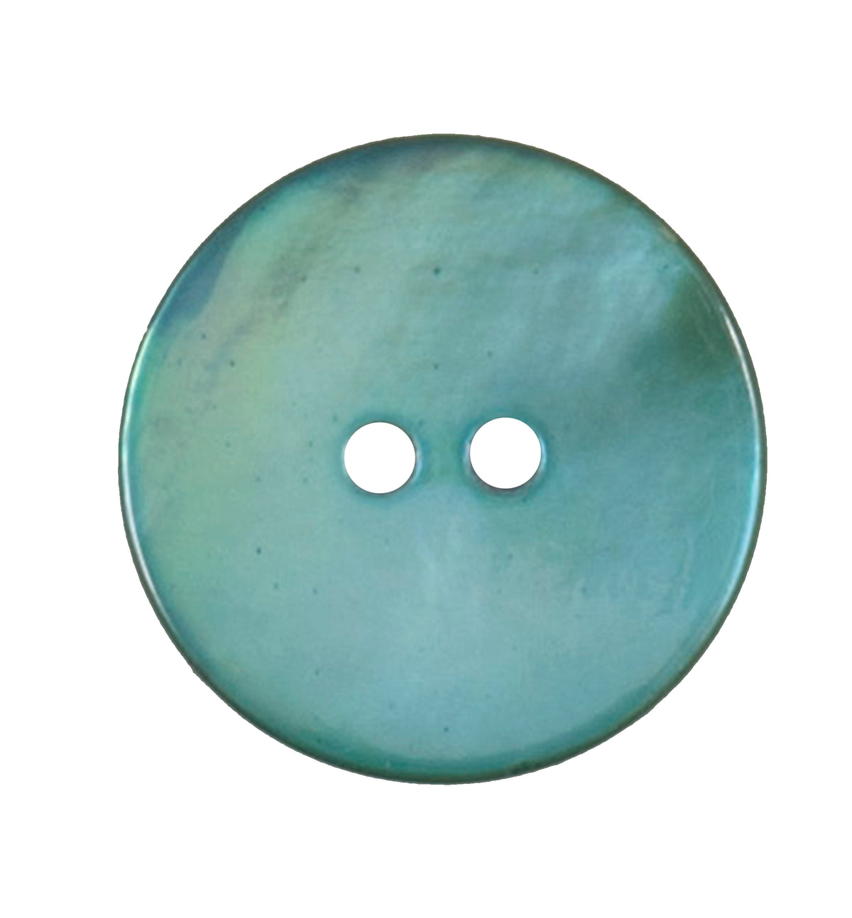 Round button with a teal blue pearlescent sheen