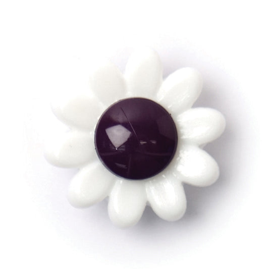 White daisy-shaped button with a glossy plum centre