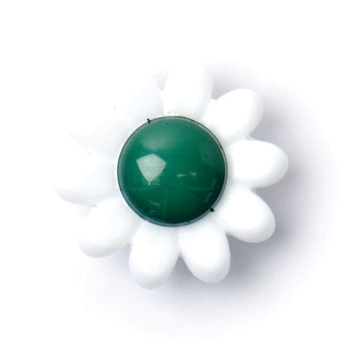 White daisy-shaped button with a glossy green centre