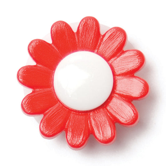 Red daisy-shaped button with a glossy white centre