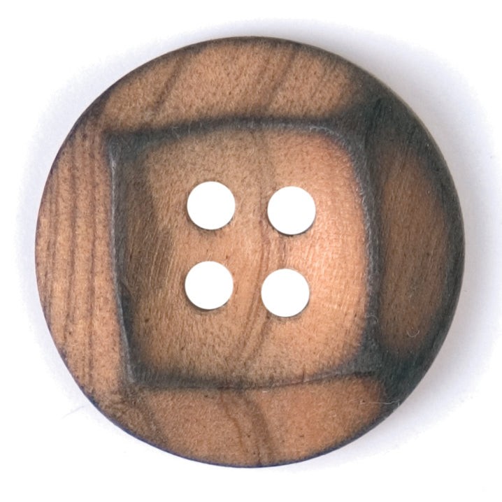 Round button with a dark brown wood grain finish and a square pattern around the holes