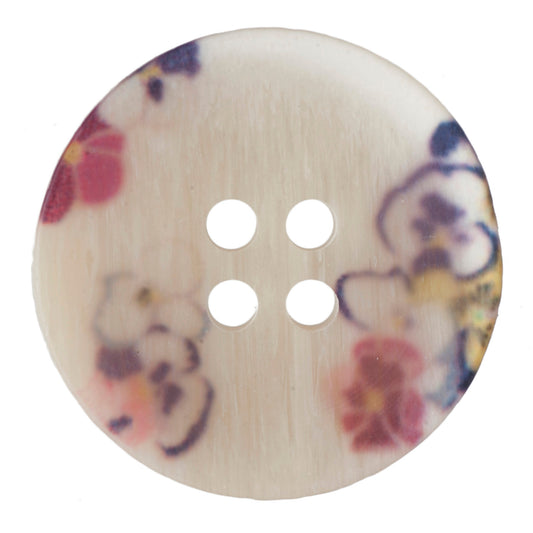 Cream 4-hole button with pansy flower print