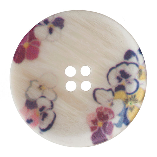 Cream 4-hole button with pansy flower print