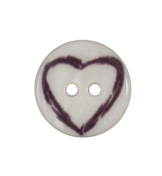 White 2-hole button with dark heart outline print