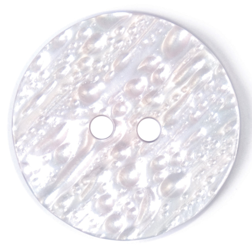 Round white pearlescent 2-hole button with textured finish, 27mm