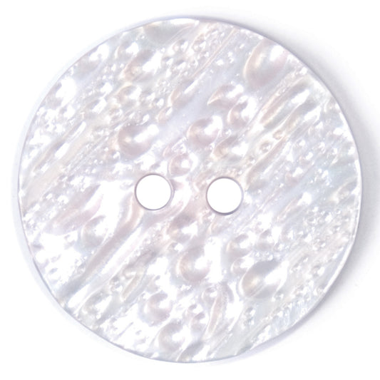 Round white pearlescent 2-hole button with textured finish, 27mm