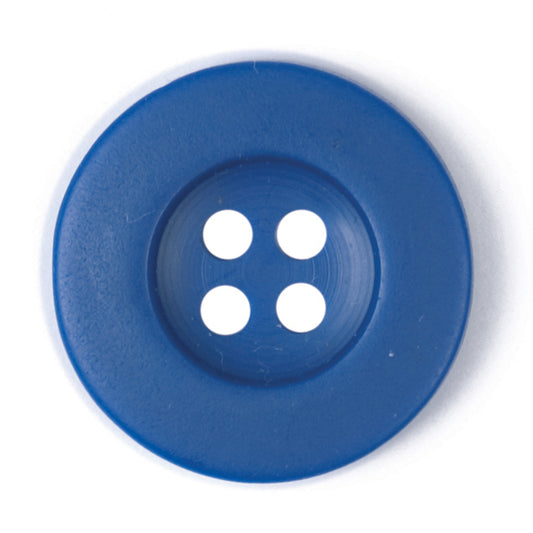 Round royal blue 4-hole button with raised rim, 17mm