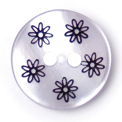 Round white pearlescent 2-hole button with navy daisy print, 15mm