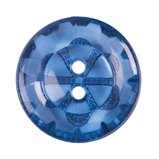 Round translucent blue faceted 2-hole button, 22mm
