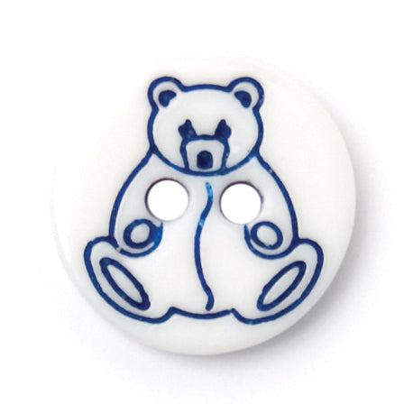 Round white 2-hole button with blue teddy bear print, 12mm