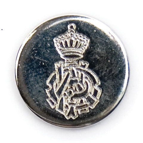 Round silver-tone shank button with embossed crown crest, 15mm
