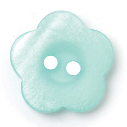 Aqua Flower Button - aqua five-petal flower with a pearlised sheen, 2-hole