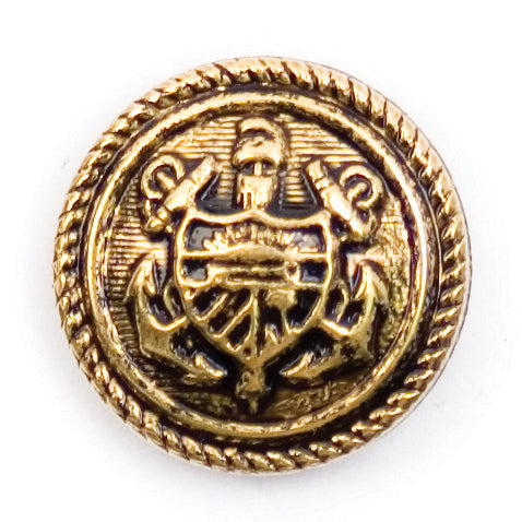 Antique Gold Anchor Crest Button - antique gold-tone with an anchor and shield crest and rope-twist edge, shank fitting
