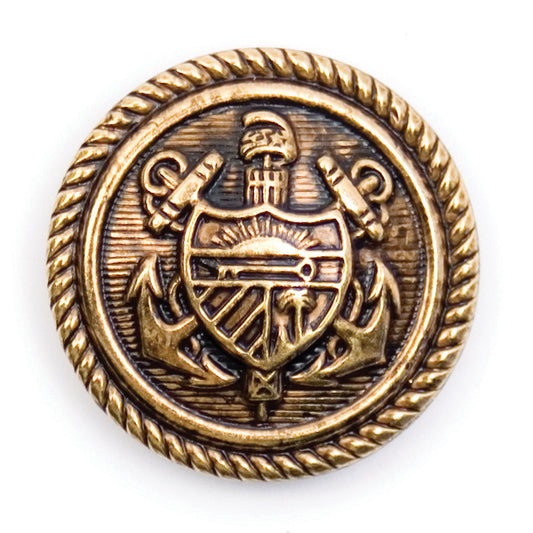 Antique Gold Anchor Crest Button - antique gold-tone with an anchor and shield crest and rope-twist edge, shank fitting