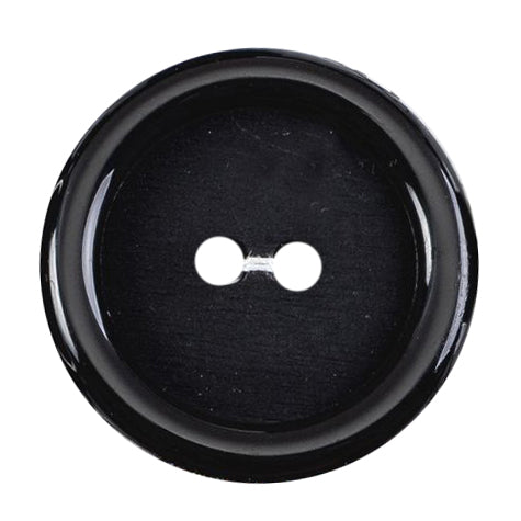 Black 2-hole button with a glossy raised rim
