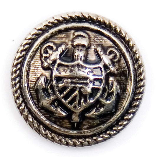 Antique silver-effect buttons with a naval crest and anchor design and a rope-twist edge